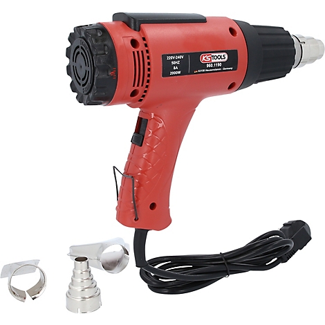 Rote Heißluftpistole mit Zubehör. Text: KS TOOLS.